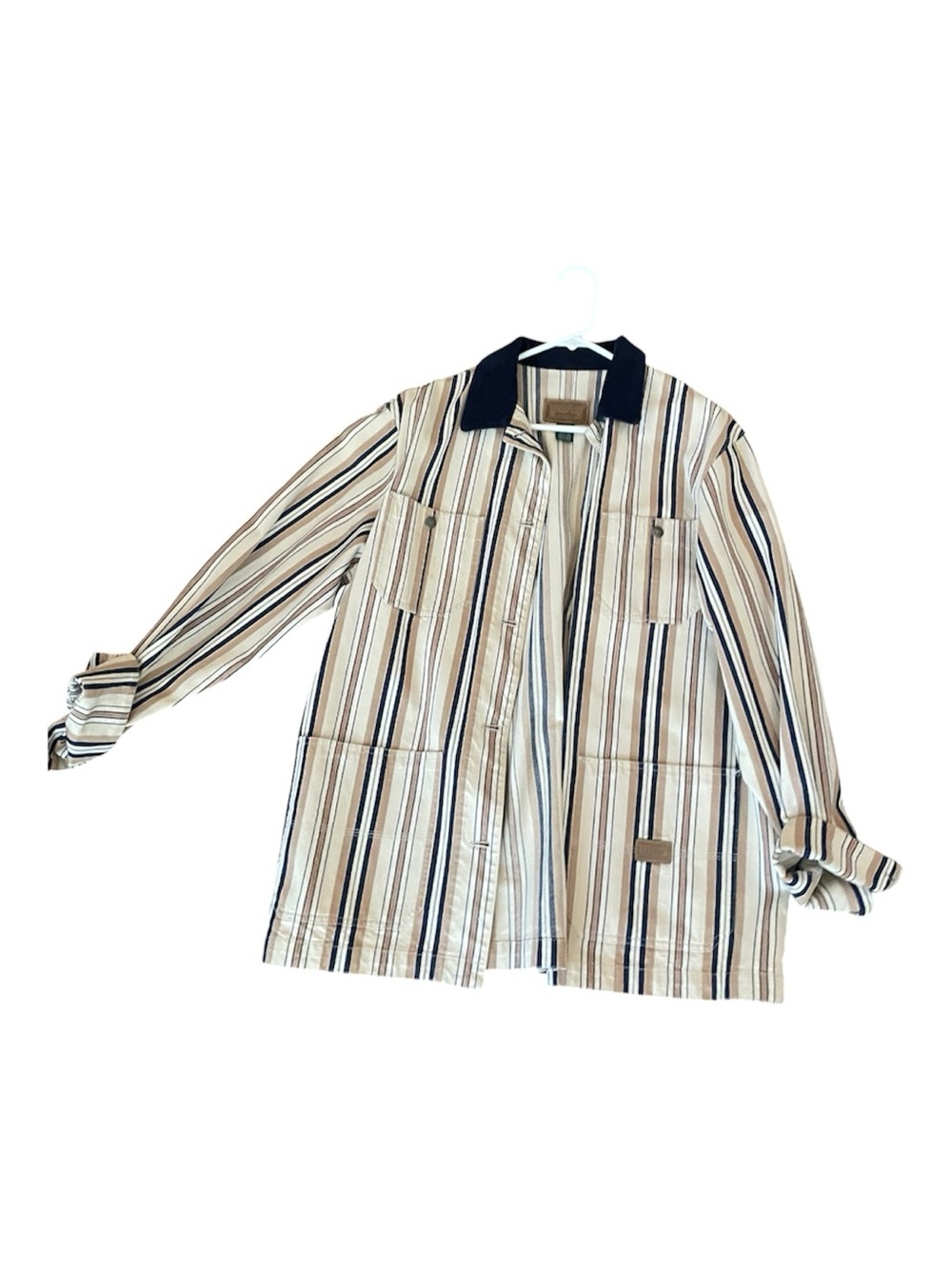 Striped Overshirt Jacket with Contrast Collar - Beige/Navy